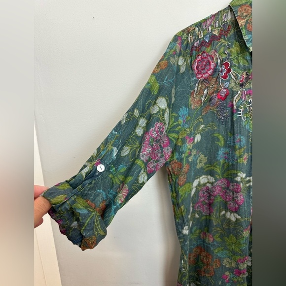 Vintage Goa Green Floral Embroidered Button Down Shirt-Dress Top Sz M - Picture 5 of 11